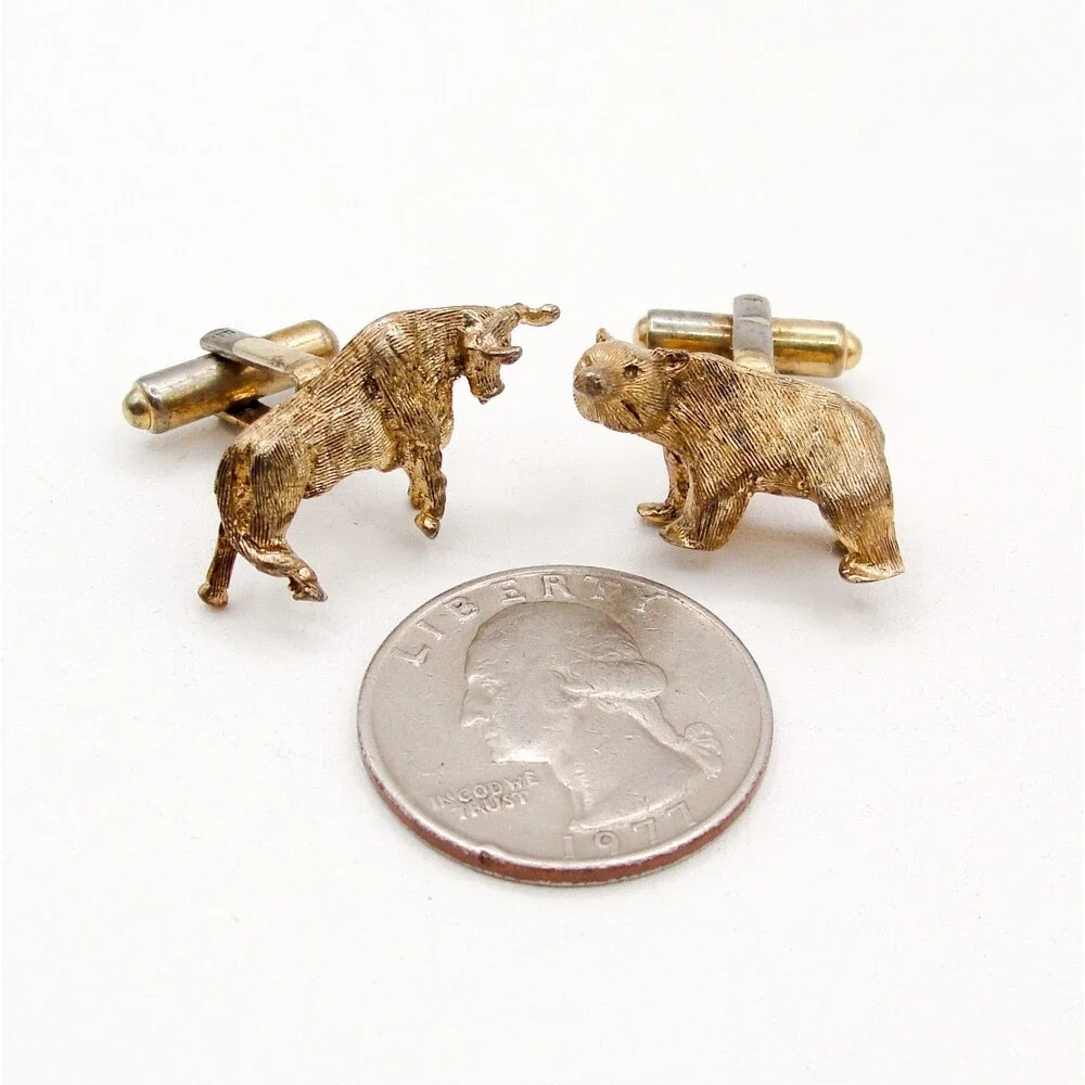 Vintage Sterling Silver Bull & Bear Cufflinks Gold Wash Stock Broker Wall Street